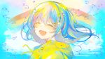  1girl absurdres blue_background blue_hair bubble closed_eyes commentary_request floating_hair highres irodori_warabi looking_at_viewer open_mouth original pastel_colors rainbow rainbow_hair_ornament raincoat short_hair simple_background smile solo tongue upper_body yellow_raincoat 