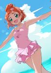  1girl :d armpits bare_arms blush brown_hair collarbone day dutch_angle go!_princess_precure green_eyes hair_ornament haruno_haruka highres jwetefmgyvhlxqn layered_skirt miniskirt open_mouth outdoors pink_shirt pink_skirt pleated_skirt precure shirt short_hair skirt sleeveless sleeveless_shirt smile solo standing 