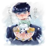  1boy black_hair blue_eyes blue_hair blush checkered_clothes checkered_scarf diamond_wa_kudakenai earrings gakuran heart-shaped_ornament higashikata_josuke highres holding_snowman jewelry jojo_no_kimyou_na_bouken looking_at_viewer male_focus mikan03260 nose_blush off_shoulder peace_symbol pompadour scarf school_uniform snowing solo translated 