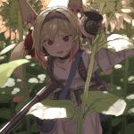  1girl animal_ears black_hairband blonde_hair blush compass fake_animal_ears field flower flower_field gradient_hair grenade_hair_ornament gun hairband highres holding holding_gun holding_weapon ikine_tomeru kappa_modoki long_hair looking_at_viewer multicolored_hair open_mouth red_eyes red_hair shinsougumi solo sunflower sunflower_field sweatdrop twintails virtual_youtuber weapon 