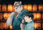  2boys animal_ears bara black_hair blurry blurry_background bokeh bracelet chest_tuft closed_eyes closed_mouth daisukebear dango depth_of_field fang food from_side furry furry_male grey_fur grey_hair headband height_difference holding holding_food horkeu_kamui jewelry jinbei_(clothes) lantern large_pectorals looking_at_another male_focus multiple_boys muscular muscular_male paper_lantern pectoral_cleavage pectorals plump protagonist_5_(housamo) short_hair smile thick_eyebrows tokyo_afterschool_summoners two-tone_fur upper_body wagashi wolf_boy wolf_ears yellow_eyes 
