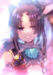  1girl armor black_hair blue_eyes blush commentary_request fate/grand_order fate_(series) feathers hat highres japanese_armor long_hair looking_at_viewer open_mouth parted_bangs pom_pom_(clothes) shoulder_armor side_ponytail simple_background smile sode solo tate_eboshi ukumituki ushiwakamaru_(fate) 
