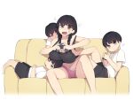  1girl 3boys =3 age_difference bandaid bandaid_on_face black_hair black_shorts black_tank_top braid breast_press breast_rest breast_smother breasts breasts_on_head brother_and_sister controller couch face_to_breasts fang furrowed_brow game_controller greyscale head_on_another&#039;s_shoulder head_rest highres holding holding_controller holding_game_controller kicking large_breasts monochrome motion_lines multiple_boys on_couch one_eye_closed onee-shota open_mouth original pepper0 pink_shorts playing_games shirt short_hair shorts siblings tank_top twin_braids white_background white_shirt 