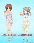  2girls :q armlet bag bandana belly_chain bikini blue_background blue_bandana blue_ribbon bracelet brown_eyes brown_footwear brown_hair carrying character_name clam_shell closed_mouth commentary_request crazy_straw drinking_straw finger_to_mouth food food_on_face frilled_bikini frills frown fruit girls_und_panzer girls_und_panzer_senshadou_daisakusen! hair_ribbon hairband handbag heart_straw holding holding_food holding_fruit jewelry licking_lips light_brown_hair long_sleeves looking_at_viewer medium_hair multiple_girls navel necklace nishizumi_miho off_shoulder official_alternate_costume official_art one_side_up open_clothes open_mouth open_shirt orange_(fruit) purple_bikini purple_shirt ribbon sandals sandwich sarong see-through_sarong shimada_arisu shirt short_hair side-tie_bikini_bottom smile standing star_(symbol) swimsuit thigh_gap tongue tongue_out translated watermark white_bikini white_footwear white_sarong 