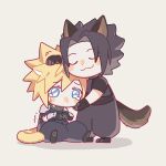  2boys animal_ears animal_feet armor black_gloves black_hair blonde_hair blue_eyes brown_fur cat_boy cat_ears chibi closed_eyes cloud_strife comforting crying crying_with_eyes_open dog_boy dog_ears elbow_gloves final_fantasy final_fantasy_vii gloves green_scarf hand_on_another&#039;s_cheek hand_on_another&#039;s_face hand_on_another&#039;s_head hao_xiang_yishui_bu_xing male_focus multiple_boys own_hands_together pants pauldrons pawpads petting puffy_pants scarf short_hair shoulder_armor simple_background sitting sleeveless sleeveless_turtleneck smile spiked_hair standing tail tears turtleneck yellow_fur zack_fair 