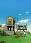  1boy alariko black_hair blue_pants blue_sky bucket bush cloud contrail day drum_(container) facing_away grass highres house lamppost original outdoors overgrown pants power_lines railing ruins scenery shirt short_hair short_sleeves sky solo standing tree utility_pole white_shirt 
