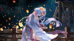  1boy 1girl aether_(genshin_impact) beads belt blonde_hair blue_hair braid crying dropping genshin_impact hagoromo hair_tie highres hug kamisato_ayaka lantern lantern_festival light_blue_hair looking_at_another night parted_lips qiaochuqiaochu railing sad shawl sword teeth upper_body water water_wheel weapon 