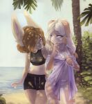  accessory aleyna_(bakedbunny) anthro beach belly bikini bikini_bottom bikini_top black_clothing black_swimwear blonde_hair blue_eyes breasts brown_body brown_fur brown_hair cleavage clothed clothing covering covering_self domestic_rabbit ears_down ears_up female female/female floppy_ears fluffy fluffy_tail freckles friends fur hair hair_accessory hairband hi_res horomi_darknait lagomorph leporid lop_ears lop_rabbit mammal markings navel open_clothing open_shirt open_topwear oryctolagus palm_tree pattern_clothing pattern_underwear pink_bikini pink_clothing pink_swimwear pivoted_ears plant rabbit red_eyes sand seaside shirt sibling smile smirk striped_clothing striped_markings striped_underwear stripes sunny swimming swimming_trunks swimwear tail topwear tree twins underwear yulia_(bakedbunny) 