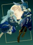  2girls :d alternate_costume animal_ears aqua_eyes arm_at_side azusa_mifuyu bangs black_pantyhose blue_dress blue_eyes blue_hair blunt_bangs boots bow bowtie brown_footwear bunnycillin closed_mouth cross_hair_ornament dress ears_down feet_out_of_frame floating full_body gradient_background green_background grey_hair grey_kimono hair_horns hair_ornament highres holding_hands holding_lamp japanese_clothes kimono kimono_skirt knee_boots long_hair long_sleeves looking_at_another magia_record:_mahou_shoujo_madoka_magica_gaiden mahou_shoujo_madoka_magica moon multiple_girls nanami_yachiyo obi official_alternate_hair_length official_alternate_hairstyle open_mouth pantyhose parted_bangs pleated_kimono puffy_long_sleeves puffy_sleeves rabbit_ears sash short_hair short_kimono smile swept_bangs thighlet wide_sleeves yellow_bow yellow_bowtie 