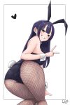  1girl animal_ears artist_name ass bare_shoulders black_leotard blue_hair blush boku_no_kokoro_no_yabai_yatsu border bow bowtie breasts brown_eyes brown_pantyhose dark_blue_hair detached_collar fake_animal_ears fake_tail fishnet_pantyhose fishnets from_behind grin heart highres kneeling large_breasts leotard long_hair looking_at_viewer looking_back outside_border pantyhose paso playboy_bunny rabbit_ears rabbit_tail simple_background smile solo strapless strapless_leotard tail traditional_bowtie v white_background white_wrist_cuffs wrist_cuffs yamada_anna 