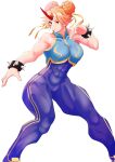  1girl blonde_hair blue_unitard bracelet braid braided_bun breasts chun-li chun-li_(cosplay) commentary_request cosplay covered_navel cropped_shirt double_bun feet_out_of_frame fighting_stance fugaku_(miko_no_miyatsuguchi) hair_bun hair_ribbon highres horns hoshiguma_yuugi jewelry large_breasts muscular muscular_female oni oni_horns pointy_ears red_horns ribbon shirt sleeveless sleeveless_shirt solo spiked_bracelet spikes star_(symbol) street_fighter touhou unitard 