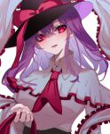  1girl black_headwear capelet frilled_capelet frills hagoromo hair_between_eyes hat hat_iue hat_ribbon highres long_hair long_sleeves nagae_iku open_mouth purple_hair red_eyes red_ribbon ribbon shawl shirt sidelocks simple_background solo touhou upper_body white_background white_capelet white_shirt 