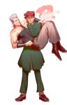  2608337875 2boys absurdres blue_eyes carrying chain cheekbones earrings flattop gakuran grey_hair highres inset jean_pierre_polnareff jewelry jojo_no_kimyou_na_bouken kakyoin_noriaki male_focus multiple_boys muscular muscular_male princess_carry red_hair school_uniform shaded_face standing stardust_crusaders tall_hair 