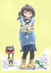  &gt;_&lt; 1girl bear black_leggings blue_scarf blue_skirt blue_sweater blush boots chiyo_maru crumbling enpera front_ponytail glasses gloves grin hair_over_shoulder leggings long_hair long_sleeves open_hands original outstretched_arms pleated_skirt scarf signature simple_background skirt smile snow snowing snowman solo standing sweater two-tone_scarf yellow_background yellow_footwear yellow_gloves yellow_scarf 