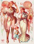  1girl 2boys absurdres adjusting_clothes adjusting_headwear basket blue_eyes closed_umbrella coat dress family frilled_shirt frills full_body hand_in_pocket highres holding holding_basket holding_clothes holding_coat holding_stick holding_umbrella humanization jellyfish long_hair looking_at_another looking_at_viewer male_child mature_female mature_male multiple_boys original pants ponytail red_hair school_uniform scrunchie serafuku shirt shirt_partially_tucked_in short_hair sleeves_rolled_up smile stick striped striped_shirt ueno_kishi umbrella white_dress white_headwear white_pants yellow_scrunchie 