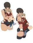  2girls blonde_hair blue_eyes carrying carrying_person dark-skinned_female dark_skin flying_sweatdrops gym_uniform hair_ribbon height_difference highres hug hug_from_behind interracial long_hair looking_at_another m_k multiple_girls original red_eyes ribbon shoes short_hair simple_background sneakers standing tall tall_female thighhighs thighs tomboy white_background worried yuri 
