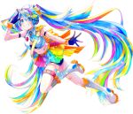  absurdly_long_hair bandaid belt black_gloves blue_eyes blue_hair boots crop_top diamond-shaped_pupils diamond_(shape) epaulettes gloves hatsune_miku highres knee_boots long_hair looking_at_viewer multicolored_hair navel pleated_skirt rainbow_hair rainbow_skirt sash shirayuki_towa single_epaulette skirt smile symbol-shaped_pupils thigh_belt thigh_strap twintails very_long_hair vocaloid white_background white_footwear 