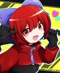  1girl adapted_costume black_bodysuit bodysuit cape catsuit cloak highres long_sleeves open_mouth red_cape red_cloak red_eyes red_hair ribbon-trimmed_bow rock_&#039;n&#039;_rock_&#039;n&#039;_beat sekibanki short_hair skin_tight solo tet_rps_hiatr touhou upper_body yellow_background zipper 