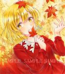  1girl aki_shizuha alto2019 autumn_leaves blonde_hair buttons hair_ornament holding holding_leaf leaf leaf_hair_ornament long_sleeves marker_(medium) red_shirt sample_watermark shirt short_hair smile solo touhou traditional_media watermark yellow_eyes 