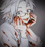  1boy blood blood_on_clothes blood_on_face blood_on_hands blue_eyes fang film_grain glasses grey_background hands_on_own_cheeks hands_on_own_face highres kanou_aogu lab_coat long_sleeves male_focus open_mouth saibou_shinkyoku sanwei16909 short_hair sketch smile solo white_hair wide-eyed 