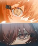  1girl 2girls absurdres arknights close-up crownslayer_(arknights) eye_focus eye_reflection hair_ornament hairclip highres kal&#039;tsit_(arknights) looking_at_viewer multiple_girls red_eyes red_hair reflection solo_focus watanabe_kawa 
