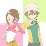  1boy 1girl arm_at_side belt blue_eyes brown_eyes brown_hair character_name digimon digimon_adventure_02 digivice elbow_gloves gdn0522 gloves hair_between_eyes hand_up highres long_sleeves shirt simple_background sleeveless sleeveless_shirt standing takaishi_takeru two-tone_shirt white_headwear yagami_hikari 