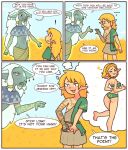  5_fingers anthro bikini blonde_hair clothing comic english_text female fingers hair hi_res humanoid hylian imagination link looking_at_viewer looking_back male navel nintendo one_eye_closed princess_zelda rauru_(tears_of_the_kingdom) red7cat speech_bubble swimwear tears_of_the_kingdom text the_legend_of_zelda white_hair wink zonai 