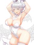  1girl absurdres armpits arms_up breasts cleavage cowboy_shot demon_girl demon_horns demon_wings duel_monster grey_eyes highres horns kiw_kiu large_breasts lovely_labrynth_of_the_silver_castle low_wings multiple_wings pointy_ears transparent_wings white_background white_horns wings yu-gi-oh! 