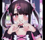  1girl black_choker black_hair blunt_bangs blurry blurry_background blush choker denonbu ear_piercing earrings hair_ornament hair_ribbon hands_up heart heart_earrings highres index_fingers_raised jewelry long_hair looking_at_viewer ojii-san_no_oden open_mouth outline piercing pink_ribbon puffy_short_sleeves puffy_sleeves red_eyes reml ribbon short_sleeves smile solo twintails upper_body white_outline wrist_cuffs x_hair_ornament 