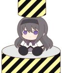  1girl :&lt; akemi_homura black_capelet black_hair black_hairband boots bow bowtie capelet chibi dress frilled_dress frills hairband hydraulic_press layered_dress long_hair magical_girl mahou_shoujo_madoka_magica purple_bow purple_bowtie purple_eyes sidelocks sitting sitting_on_object solo very_long_hair white_background yuno385 