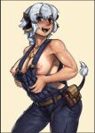  1girl :d animal_ears bell belt blue_overalls blush braid braided_ponytail breasts brown_belt brown_horns cleavage commentary cow_ears cow_girl cow_horns cow_tail cowboy_shot english_commentary hair_between_eyes highres horns jingle_bell large_breasts long_hair looking_at_viewer medium_bangs nandi_(puchirisu) nearly_naked_overalls neck_bell nipples open_mouth original overalls pouch puchirisu simple_background smile solo tail tan tanlines teeth yellow_background 