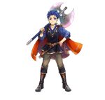  1boy aged_down axe black_footwear brown_pants cape collarbone fire_emblem fire_emblem:_the_blazing_blade fire_emblem_heroes hand_on_own_hip hector_(fire_emblem) holding holding_axe looking_at_viewer official_alternate_costume official_art pants red_cape smile solo 