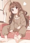  1girl ahoge alternate_costume barefoot blunt_bangs brown_jumpsuit couch curtains feet full_body heart huge_ahoge jumpsuit kantai_collection kuma_(kancolle) looking_at_viewer monochrome nassukun sepia sitting smile soles solo toes window 