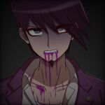  1boy artist_name blood blood_from_mouth clenched_teeth collarbone danganronpa_(series) danganronpa_v3:_killing_harmony facial_hair goatee gradient_background highres jacket looking_at_viewer male_focus momota_kaito pink_blood pink_jacket portrait purple_eyes purple_hair shirt solo suiren_yurei teeth white_shirt 