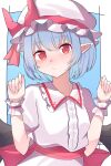  1girl absurdres bat_wings blue_background blue_hair closed_mouth commentary_request hat hat_ribbon highres katsukare looking_at_viewer mob_cap pointy_ears red_eyes red_ribbon remilia_scarlet ribbon shirt short_hair short_sleeves skirt solo touhou upper_body white_headwear white_shirt white_skirt wings wrist_cuffs 