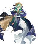  1girl aqua_hair cape clenched_hand clenched_teeth crown dress fire_emblem fire_emblem:_three_houses fire_emblem_heroes flower full_body gold_trim green_eyes hair_ornament highres jewelry long_dress long_hair long_skirt long_sleeves looking_away non-web_source official_art one_eye_closed parted_lips rhea_(fire_emblem) skirt solo teeth torn_cape torn_clothes torn_dress transparent_background white_dress zonotaida 