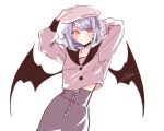  1girl alternate_costume arms_up bad_id bad_twitter_id bat_wings blush closed_mouth cowboy_shot expressionless hat long_sleeves looking_at_viewer red_eyes remilia_scarlet shirt short_hair simple_background solo souta_(karasu_no_ouchi) touhou white_background wings 