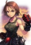  1girl absurdres ahoge breasts brown_eyes brown_hair building camouflage camouflage_tank_top fighting_stance gloves highres justice_gakuen kazama_akira looking_at_viewer medium_breasts short_hair silverchariotx smile solo street_fighter street_fighter_v sunset 