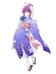  1girl absurdres anqing bag bcy blue_kimono brown_footwear cherry_blossom_print fish floral_print flower full_body goldfish hair_bun hair_flower hair_ornament hand_fan highres holding holding_bag holding_fan japanese_clothes kimono looking_at_viewer miao_jiujiu paper_fan pink_eyes pouch purple_hair shoes smile socks solo standing standing_on_one_leg uchiwa white_background white_footwear white_socks wide_sleeves 