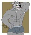  abs anthro big_muscles bodily_fluids boxers_(clothing) boxers_only bulge canid canine canis cheek_tuft clothed clothing facial_tuft fangs fluffy_chest fur gorrizz grey_body grey_fur hand_on_head hi_res legends_of_chima male mammal mature_male muscular muscular_anthro muscular_male muscular_thighs neck_tuft nervous_expression nervous_sweat nipples open_mouth pecs pinup pose shy solo sweat sweatdrop teeth thick_thighs topless tuft underwear underwear_only wolf worriz_(legends_of_chima) yellow_eyes 