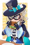  1girl black_gloves black_headwear blue_bow blue_cape bow burger cape domino_mask dragalia_lost eating food frills gloves green_eyes hat hat_bow highres holding holding_food lapis_(dragalia_lost) long_sleeves looking_down mask plate solo top_hat upper_body white_hair xiafei97 
