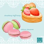  artist_logo artist_name blue_background commentary_request dessert english_text food food_focus food_name fruit heart-shaped_food macaron no_humans original pastry romaji_text signature still_life strawberry yuki00yo 