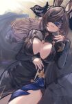  1girl absurdres animal_ears black_dress black_nails blindfold blue_hair breasts brown_hair dress galleon_(granblue_fantasy) granblue_fantasy highres horns inoryyy000 large_breasts lying multicolored_hair on_back pointy_ears solo two-tone_hair 