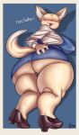  absurd_res aggressive_retsuko anthro butt camel_toe canid canine clothing female fennec fenneko footwear fox hi_res high_heels kryadrawgin looking_at_viewer low-angle_view mammal panties rear_view sanrio solo tongue tongue_out underwear upskirt 