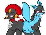  alpha_channel anthro anus auriia_(pencil-arts) black_body black_fur blue_body blue_fur blush bodily_fluids breasts butt butt_grab carmine_(pencil-arts) claws duo eyelashes fan_character female fur generation_4_pokemon genitals hand_on_butt hi_res looking_at_viewer lucario nintendo open_mouth pencil-arts pokemon pokemon_(species) presenting presenting_anus presenting_hindquarters presenting_pussy pussy red_eyes simple_background spikes spikes_(anatomy) spread_butt spreading sweat transparent_background weavile 