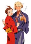  2boys :d ace_attorney alcohol apollo_justice beer black_sash blonde_hair blue_kimono blush bracelet brown_eyes brown_hair chain_necklace closed_eyes cowboy_shot cup dark-skinned_male dark_skin earrings facial_hair fingernails food food_on_face from_behind grgrton grin hair_bun highres holding holding_cup ikayaki japanese_clothes jewelry kimono klavier_gavin looking_at_viewer male_focus multiple_boys mustache necklace obi red_kimono ring sash short_hair simple_background smile swept_bangs v-shaped_eyebrows white_background wide-eyed wide_sleeves yellow_sash 