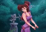  1girl bare_shoulders brown_hair dress eyeshadow greek_clothes hercules_(1997_film) long_hair luztapiaart makeup megara_(disney) outdoors ponytail princess purple_dress purple_eyes purple_eyeshadow purple_lips statue 