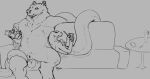  animal_genitalia anthro apode balls bear biped brown_bear chubby_anthro chubby_belly chubby_male controller cuddling draconcopode drawing duo fur furniture genitals grizzly_bear hair hi_res kuruk kuruk_(character) kyain kyain_(character) legless lounging male mammal mane mane_hair naga nude overweight overweight_anthro overweight_male remote_control reptile scalie serpentine sheath sitting slightly_chubby snake sofa table ursine 