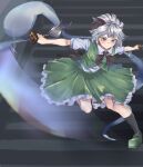  1girl black_bow black_bowtie black_hairband black_socks bow bowtie closed_mouth frilled_skirt frills full_body ghost green_eyes green_footwear green_skirt green_vest grey_hair hairband highres holding holding_sword holding_weapon kanaria_(bocmn) konpaku_youmu konpaku_youmu_(ghost) looking_at_viewer outdoors shirt short_hair short_sleeves skirt socks solo stairs sword touhou vest weapon white_shirt 