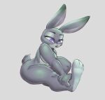  2023 3_toes anthro breasts disney eyebrows feet female fingers fur grey_background grey_body grey_fur grey_tail half-closed_eyes hand_on_leg hand_on_own_leg hi_res judy_hopps lagomorph leporid long_ears mammal narrowed_eyes nude open_mouth papudor purple_eyes rabbit scut_tail short_tail simple_background sitting slightly_chubby solo tail thick_thighs toes zootopia 